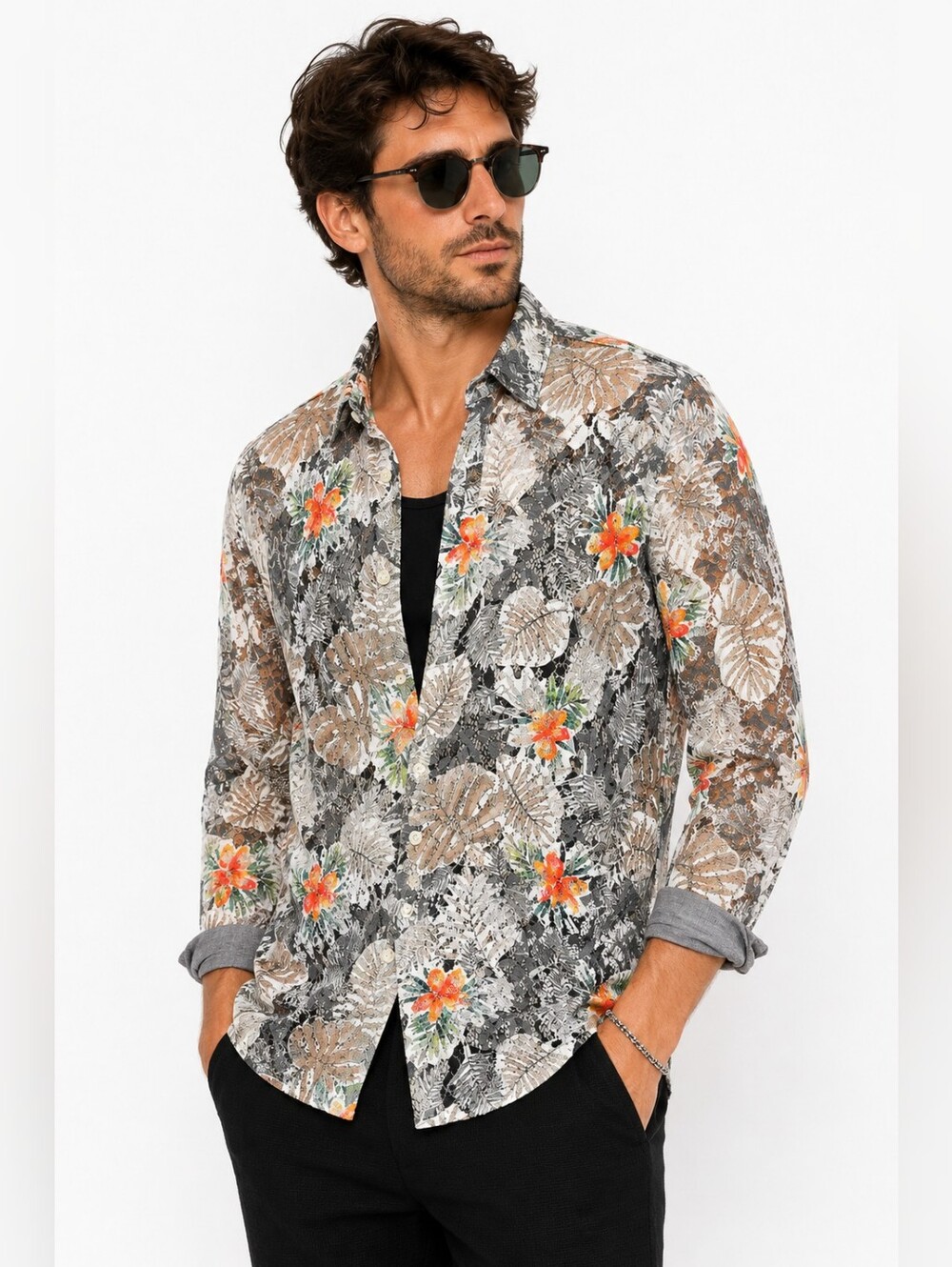 Topman Sheer Lace Floral Button Up Shirt Gray Orange Mesh XXL Tropical